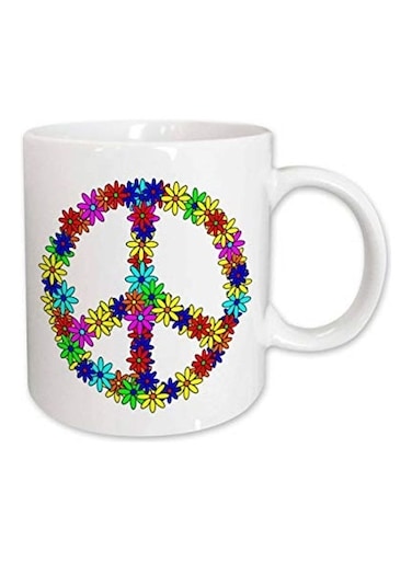 Peace Sign Flower Printed Mug White/Green/Purple