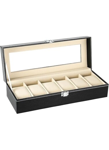 LNEX Wlife 6 Slot Leather Watch Box Display Case Organizer Glass Jewelry Storage Black