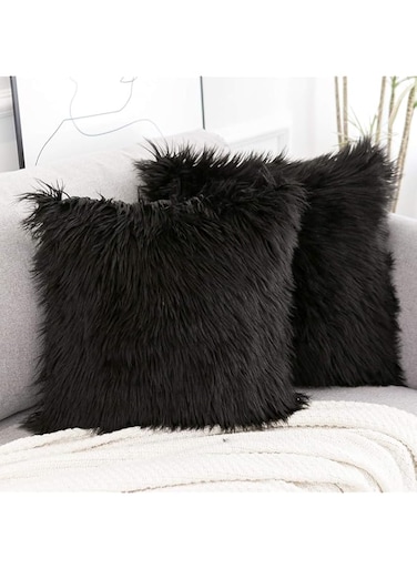 WLNUI Set of 2 Black Decorative Pillow Covers New Luxury Series Merino Style Faux Fur Fluffy Throw Pillow Covers Square Fuzzy Cushion Case 18x18 Inch