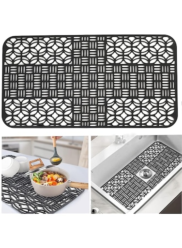 TERRIFI Silicone Kitchen Sink Mat Protector - 26"x13.78" Non-Slip, Cut to Fit, with Cutout Drain Holes, Suitable for Farmhouse, Stainless Steel, Porcelain Sinks - Black
