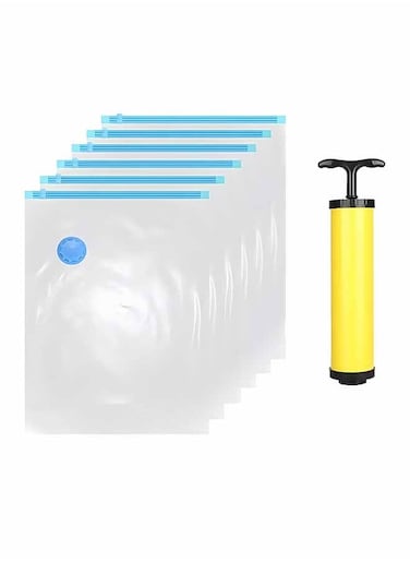 7-Piece Vacuum Storage Bag With Suction Pump Set Clear/Blue/Yellow 70x100cm