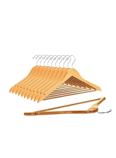 Wooden Hangers - Slightly Curved Hanger Set - Solid Wood Coat Hangers with Stylish Chrome Hooks - Heavy-Duty Clothes, Jacket, Shirt, Pants, Suit Hangers (Natural, 10)