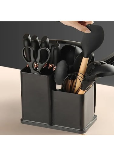 Kitchen Knife &amp; Utensil Set 19 piece With Storage Rack &ndash; Includes Cutting Board, Silicone Kitchen Utensils heat Resistant, Kitchen Knives, Chopping Board, Cooking Tools, Kitchen Accessories