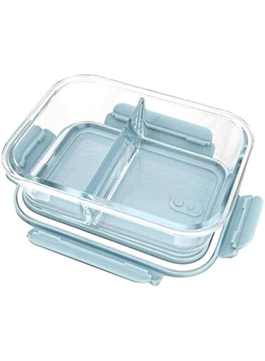 ALISSA Glass Food Storage Containers with Lid Airtight Glass Bento Lunch Box Microwave Oven Freezer Dishwasher Safe Snack Container (Blue (2 Grid))