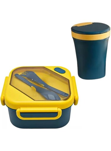 Luch Box With Glass   Food Container with Cutlery   Blue and Yellow   7 pieces