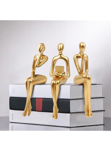 Masvan 3Pcs Home Decor Gold Thinker Statues Resin Sculpture Accents, Modern Abstract Ornaments Bookshelf Collectible Figurines, Shelf Decorations for Living Room Office Table Dining Desk,Gold