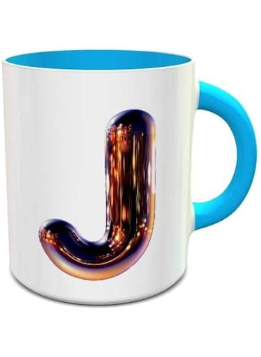 Impress White &amp; Blue Ceramic Coffee Mug With Night Chrome Letter J