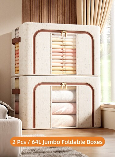 Pcs Jumbo Storage Boxes with Windows &amp; Steel Frame, Extra Large Foldable Closet Storage Bins with Lids, Front &amp; Top Access Fabric Storage Boxes for Seasonal Clothes, Blankets &amp; Bedding, Washable, Stackable &amp; Space-Saving