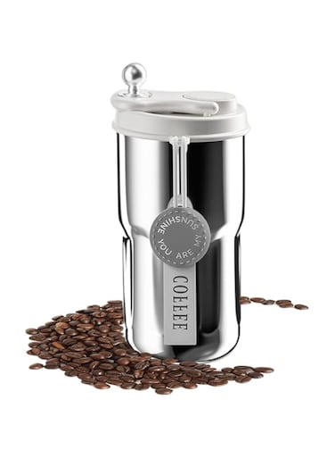 Khazna Insulated Travel Coffee Mug, 420ml Stainless Steel Vacuum Coffee Cup Durable Leakproof Tumbler Thermal Mug Easy Grip Portable Insulated Mug Vehicle-Mounted Cold Water Retaining Trip Cup-Sliver