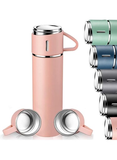 500ml Stainless Steel Vacuum Thermos Flask with Silicone Handle &acirc;&euro;&ldquo; Insulated Water Set with 2 Stainless Steel Cups for Hot &amp; Cold Drinks &acirc;&euro;&ldquo; Ideal for Outdoor Travel, Camping, Hiking   Gift Box Set (2 PACK) PINK