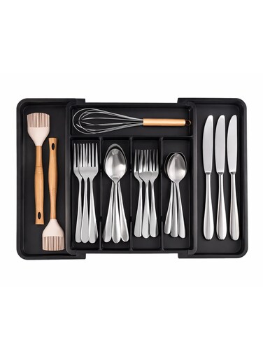 Silverware Drawer Organizer, Expandable Utensil Tray for Kitchen, BPA Free Flatware and Cutlery Holder, Adjustable Plastic Storage for Spoons, Forks, Knives, Black