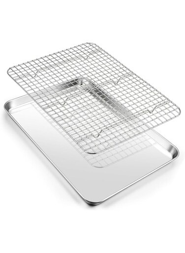 Joyfair 16 Inch Baking Pan with Rack Set, Stainless Steel Oven Sheet Pan Tray with Cooling Rack, For Cookies, Bacons, Meat, Non-toxic &amp; Heavy Duty, Rust-free &amp; Dishwasher Safe - 1 Pan &amp; 1 Rack