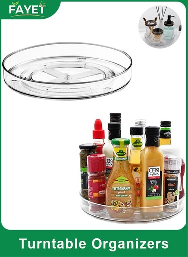 2-Pack Clear Non-Skid Turntable Organizer for Kitchen Cabinets, Pantry, Fridge, Bathroom, Vanity and Spice Storage