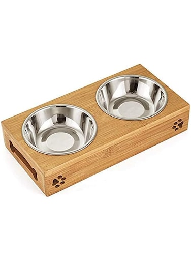 Mumoo Bear Double Pet Dog Bowl Stainless Steel Pet Bowl Bamboo Bottom Food Water Dual-use Feeding Dish