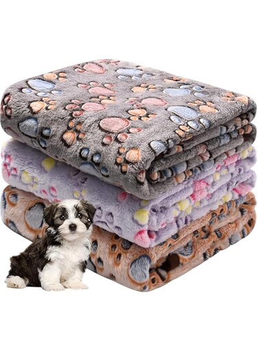 3 Pack Premium Dog Blankets, Cute Dog Paw Print Blanket, Washable Warm Soft Fuzzy Flannel Pet Blankets for Kennel Bed, Pet Blanket, Medium Small Dogs, Bed Furniture Couch Sofa Protection (30x20in)