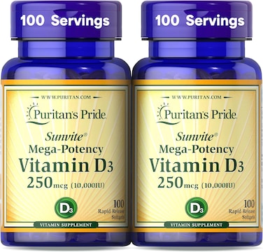 Puritan's Pride Sunvite Mega-Potency Vitamin D3 10,000 Iu, Dietary Supplement For Healthy Bones, Teeth, And Immune System Support, 100 Rapid Release Softgels