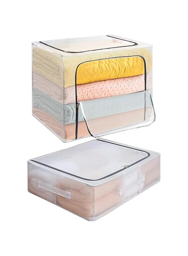 CooToly Foldable Storage Bag Clothes Organizer with Under Bed Storage Box for Comforters,[2 Pack] Blankets, Bedding, Foldable with Sturdy Zipper, Clear Window