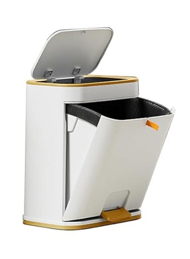 Bin Bathroom Trash Can with Lid, Plastic Garbage Can with Press top Lid Gold Step Pedal Trash can, Narrow White Trash Bin for Bathroom, Bedroom, Restroom, Living Room, Office