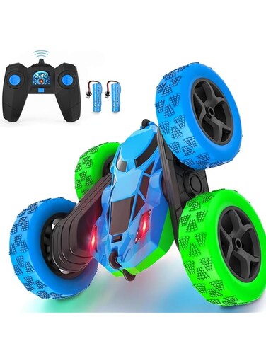 RC Stunt Car for Kids Ages 6-12, 360&deg; Rotating Double Sided 4WD RC Car with Headlights, Rechargeable Electric Racing Toy with 2 Batteries, Outdoor Off-Road Toy for Boys and Girls - (Blue/Green)