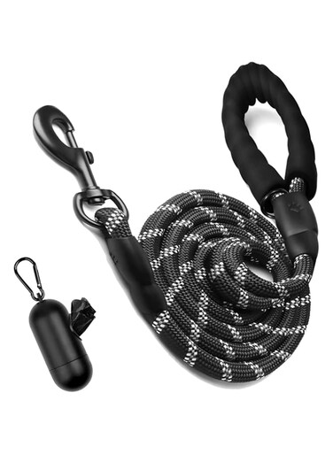 Duomama Reflective Dog Leash with Comfort Handle &amp; Poop Bag Holder - Heavy Duty 5FT Leash for Medium, Large, Small Breed Dogs - Night Walking Safety - Black, 1/2 Inch Width
