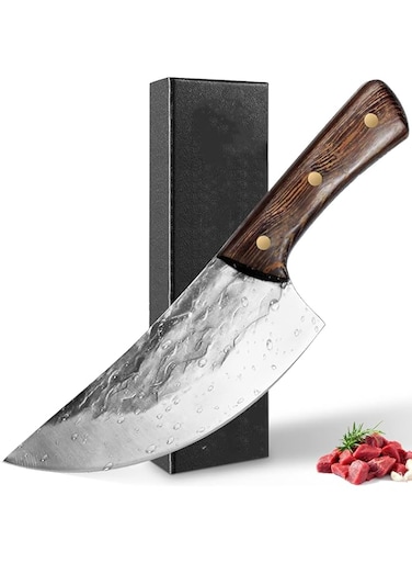 cuspitum Butcher Knife, Cleaver knife for Meat Cutting - 7'' Sharp Multi-Purpose Meat Cleaver Forged in Fire for De-Boning/Slicing/Cutting/Mincing at Slaughter House/Restaurant/Kitchen
