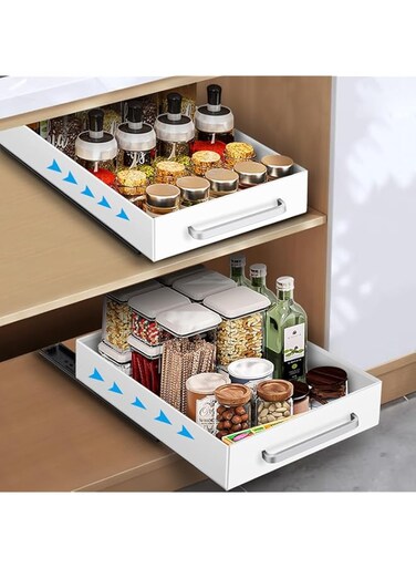 U-HOOME 2 Packs Pull Out Cabinet Drawer Organizer Fixed with Adhesive,Slide Out Pantry Shelves Under Cabinet Storage Spice Rack Fits Spices, Sauces, Cans etc,Under Cabinet Storage (WHITE)