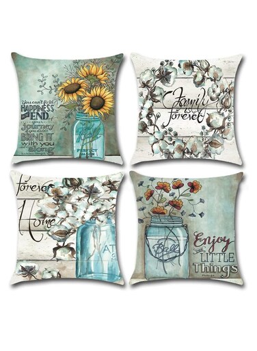 Jar Throw Pillow Covers 18x18 Sunflower Pillowcase Blue Vase Cushion Seasonal Case for Outdoor Sofa Couch Living Room Bedroom Home Decoration 4 Pack