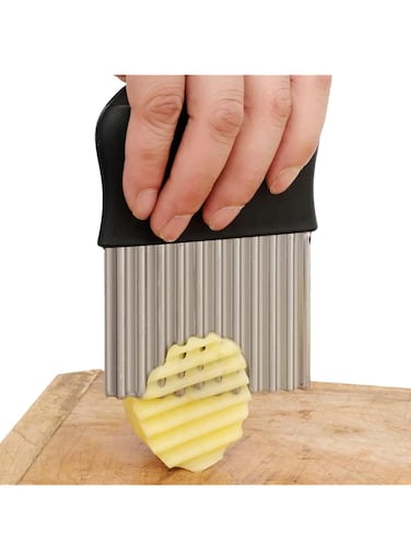 Crinkle Cutter, Wavy Chopper Knife, Upgraded Stainless Steel Crinkle Blade, Safe Kitchen Tools with a shell Wavy Slicer for Fruit, Vegetable, Salad, Carrot, Potato, Fries(Black)