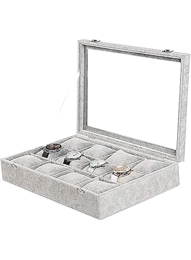 Velvet Watches Organizer, 12 Grid Watch Holder Jewelry Storage Box Display Case for Men and Women (Grey 12 Grid)