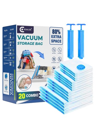 Vacuum Storage Bags - Pack of 20 (3Jumbo/5Large/5Medium/3Small/2Roll Up/2Pumps) Re-usable Travel Compression Storage Bags For Clothes, Comforters &amp; Blankets, Space Saver Bags with Hand Pump