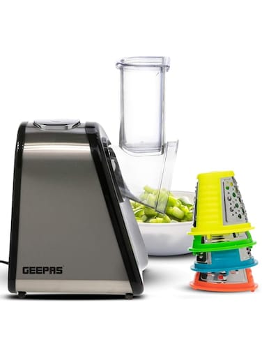 Geepas 200W 4 in 1 Electric Salad Maker   Electric, Multi Grater, Fruit Cutter, Vegetable Slicer, Shredder   Food Processor, Cylinder Design with 4 Cone Blades Set &ndash; 2 Year Warranty