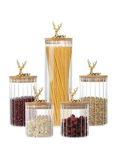 Glass Storage Jars with Deer Bamboo Lids, Home decoration, Food Storage, Kitchen Cabinet Organizers, Glass Food Container, Dry fruits, Food Jar with Sealing Lid (630 ml, 930 ml,1100 ml,Pack of 5)