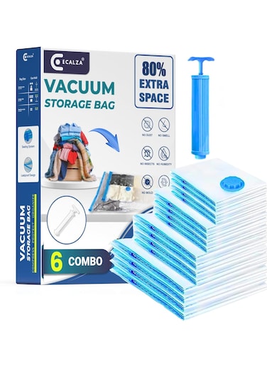 Vacuum Storage Bags   6 Pack of Vacuum Sealer Bags (1Jumbo+2Large+2Medium) Free Hand Pump   Vacuum air bag travel for Pillows, Blankets, Clothes, Bedding, and Duvet with Quilts for Home and Travelling