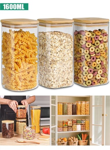 Glass Storage Containers with Lids Glass Jars with Lids Clear Food Storage Jar Square Canister Set of 3 Pantry Organizers and Storage for Flour Oat Pasta Tea Cookie Coffee Bean (3pcs-1600ml)