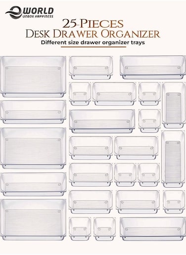 25 piece Clear Plastic Drawer Organizer Tray, Drawer Dividers Storage Bins For Bathroom, Vanity &amp; Accessories Storage, Small &amp; Large Plastic Containers For Makeup, Kitchen &amp; Utensils.
