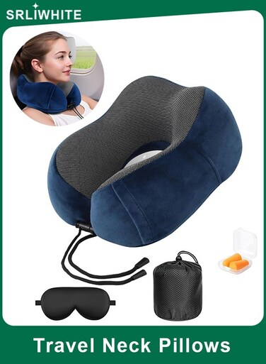 Memory Foam Travel Neck Pillow with Ergonomic 360&Acirc;&deg; Support, U-Shape Airplane Pillow with Washable Velour Cover, Adjustable Strap, Eye Mask, Earplugs and Carry Bag for Flight, Car, Train or Office (Blue)