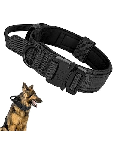LONIMIA Tactical Dog Collar, Padded Breathable Soft Nylon Pet Collar with Heavy-Duty Metal Buckle, Adjustable Basic Military Dog Collar with Handle for Medium Large Dogs (L, Black)