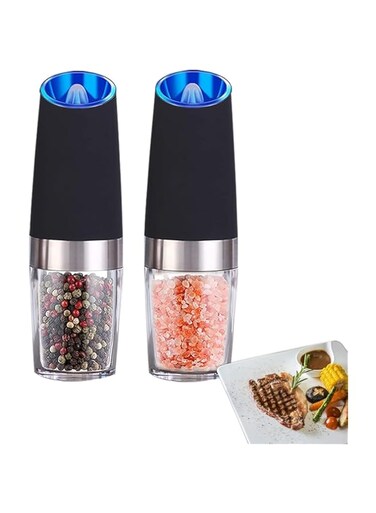 Aputue Pepper Grinder, 2Pcs Refillable Pepper Grinder with Gravity Sensor, Electric Pepper Mill and Salt Pepper Grinder, Battery Operated with LED Light, Adjustable Coarseness Auto Operation Grinder