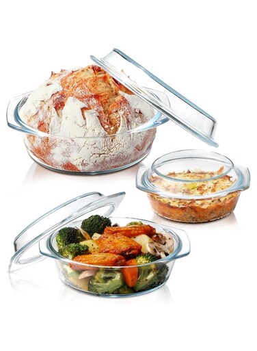 ZYER Clear Round Glass Casserole Dish With Lid Lidded Glass Casseroles Bakeware with Glass Lid, Glass Casserole Bowl (Set of 3-0.65L+1L+1.4L)