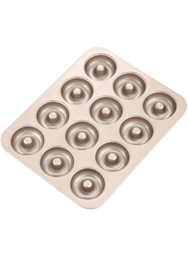 Donut Baking Pans, Nonstick 12 Cavity Doughnut Pan, Carbon Steel Donut Mold and Mini Bagel Pan for Baking -Gold