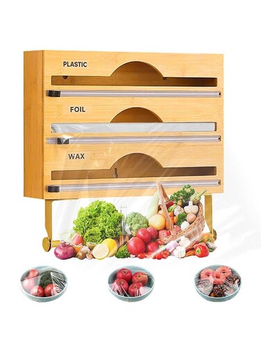 Plastic Wrap Dispenser 4 in 1 Bamboo Aluminum Foil Plastic Wrap Organizer with Cutter and Labels, Wall Mount Stretch Film Parchment Wax Paper Storage Holder for Kitchen Drawer Wall Holds 13cm Roll