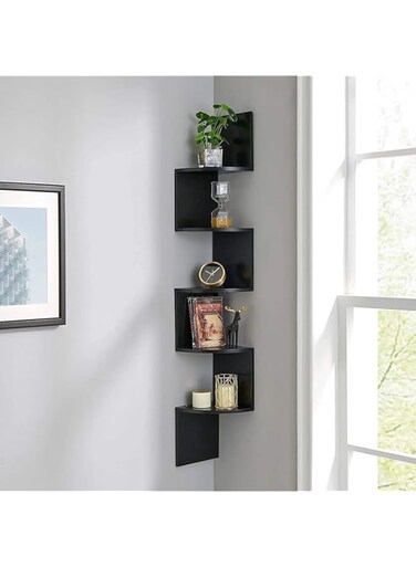 5-Tier Floating Corner Shelves I Rustic Wood Home Decor Display Shelves I Wall Mounted Storage Shelf I for Home Office Bedroom Living Room Bathroom Decorative Display Storage and More (Black)