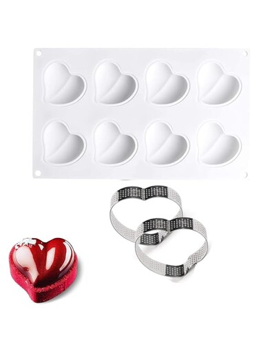 Khazna Baking Silicone Mold for Mousse Cake, 3D Baking Non Stick Molds, 2 Tart Ring and Heart Shape Dessert Moulds for DIY Chocolate Pastry Truffle Pudding Jelly Cheesecake, 8-Cavity Set of 3