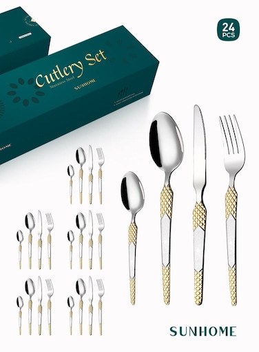 24-Piece Stainless Steel Cutlery Set Kitchen Utensil Set Western Tableware Suitable For Home Kitchen Restaurant Hotel Party Dining Picnic Dining Exquisite Packaging Gift