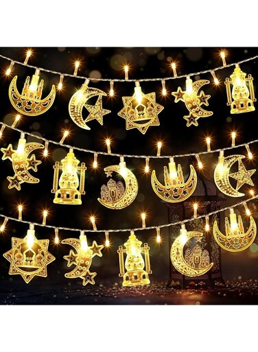 Ramadan LED String Lights, 10-20 LEDs, 2-3m Length, Moon Star Design, Warm Gold, Battery-Operated