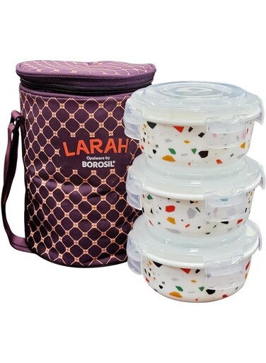 Larah Opal Klip-N-Store Lunch Box With Bag 3 Pcs Set - 400 Ml X 3 Multicolor