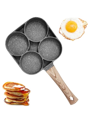 Bestine 4-Cup Egg Frying Pan, Non-Stick Aluminum Alloy Pancake Cooking Pan Fried &amp; Poach Burger Steak Pan for Gas Stove &amp; Induction Cooker (Wooden Handle)