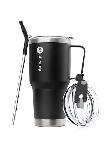 Bluwing Travel Mugs with Handle 30 oz Stainless Steel Double Wall Insulated Coffee Tumblers with Lid and Straw (Black)