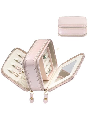 NALACAL Jewelry Box Organiser for Women Girls, Small Travel Jewellery Case with Mirror, PU Leather Portable Display Jewelry Storage Box for Rings Earrings Necklace Bracelets, Pink