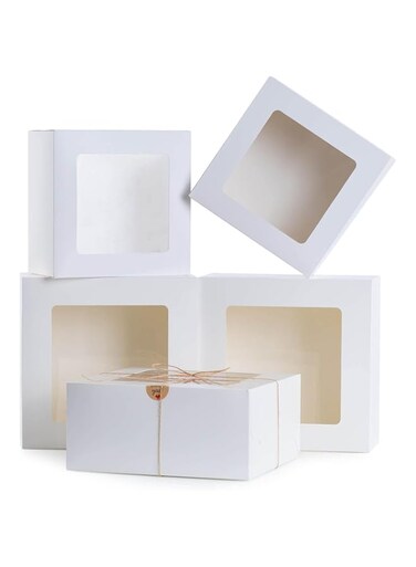 Al FAKHAMA Cardboard Cake Box 12 Inches Self Assembly With Top Clear Window, Smooth And Sturdy Design Perfect for Carrying Cakes And Pastries (12 Inches x 12 Inches x 5 Inches) - 5 Pack